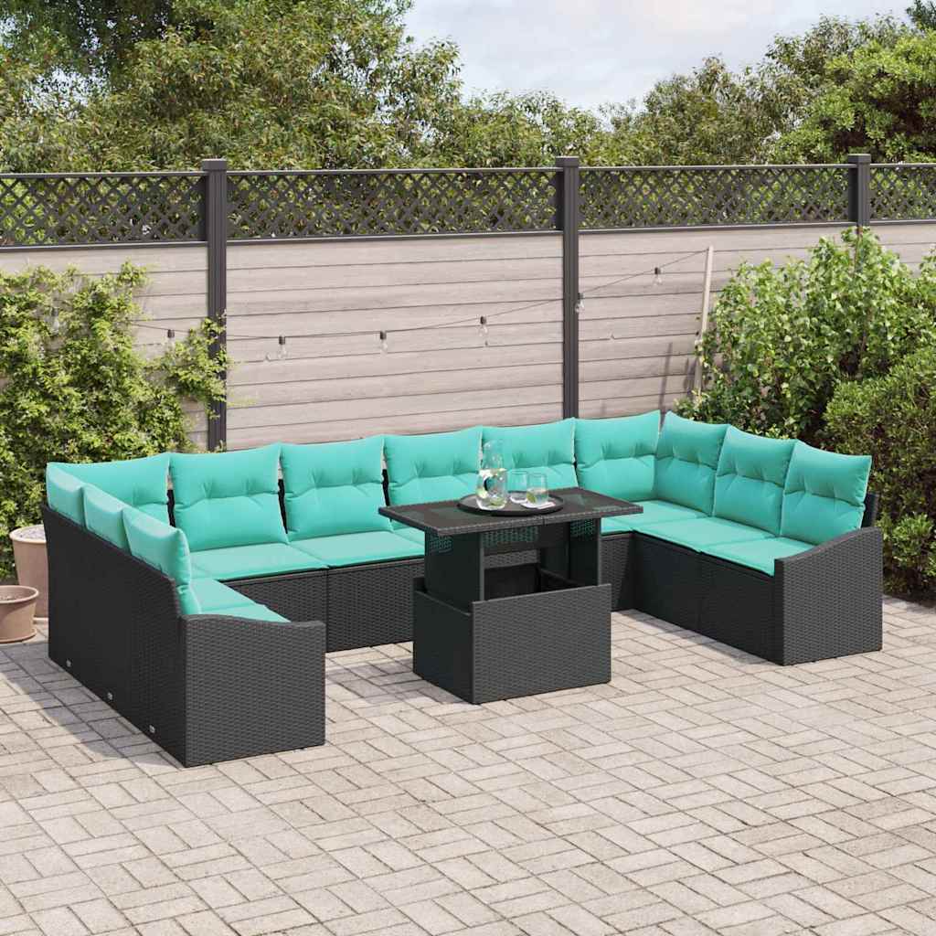 Sofa Set with Cushions 11 pcs Black and Blue Poly Rattan