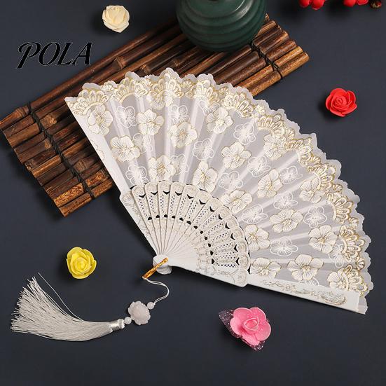 Flower Patterned Fan Retro Lace Folding Portable Lightweight Chinese Dance Handheld Cherry Blossom Compact Travel Pattern Elegant Women's with Tassel