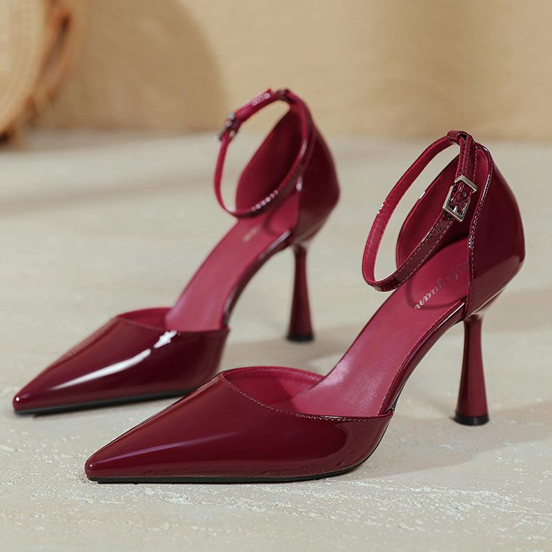 Red High Heels, Thin Heels, Sexy 2025 New Summer Pointed Head with Hollow Single Shoes, High Heels, Bag Head Sandals