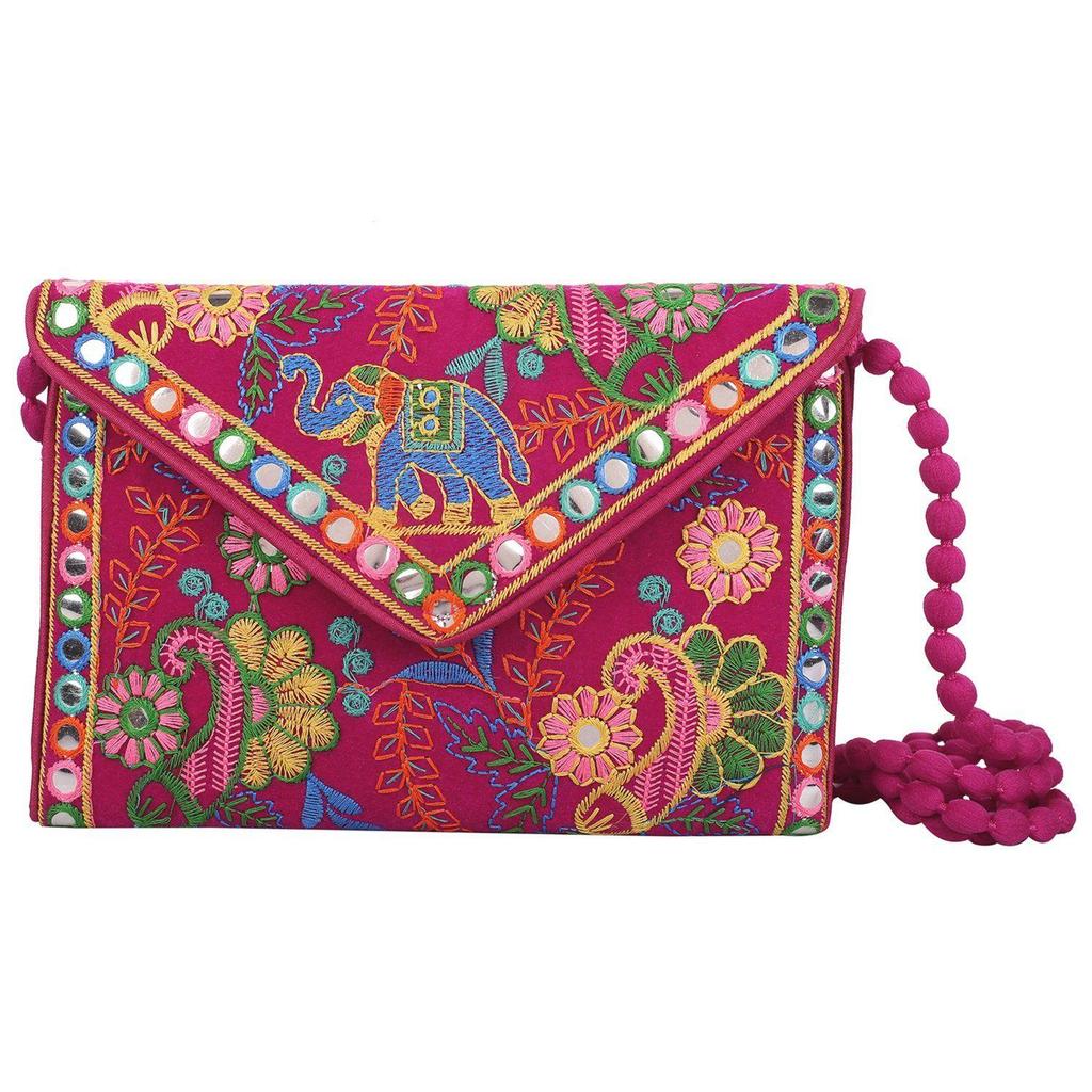 Clutch Bags  Handmade Embroidery Mirror Work Stylish Sling Bags for Women Cross Body Bags for Ladies and Girls - 22X16 Cm