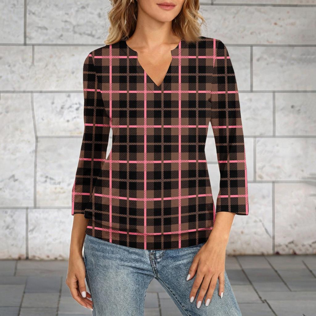 Women's 3/4 Sleeve Top Neck Hem V,Neck Summer Casual ,Shirt Plaid Printed Top