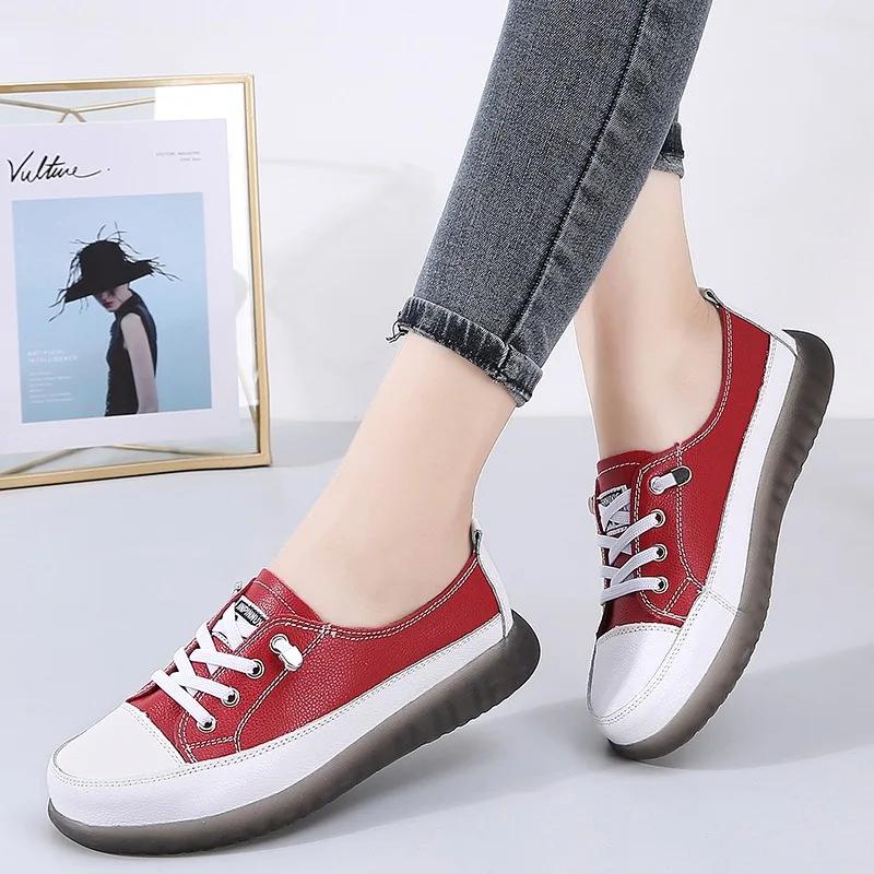 Leather Summer Outdoor Walking Vulcanized Shoes Women Soft Sole Jogging Sneakers Woman Flat Fitness Footwear