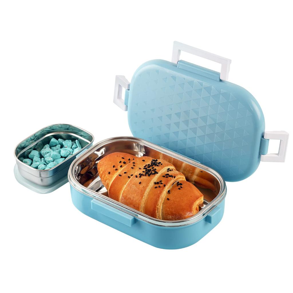 Insulated Stainless Steel Lunch Box For Kids With Leak-Proof Airtight Lid And Side Veg Box For School Or Picnic Neo Blue