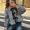 Top cu Mânecă Lungă Gingham Alb-Negru cu Cravată și Tiv Volane
