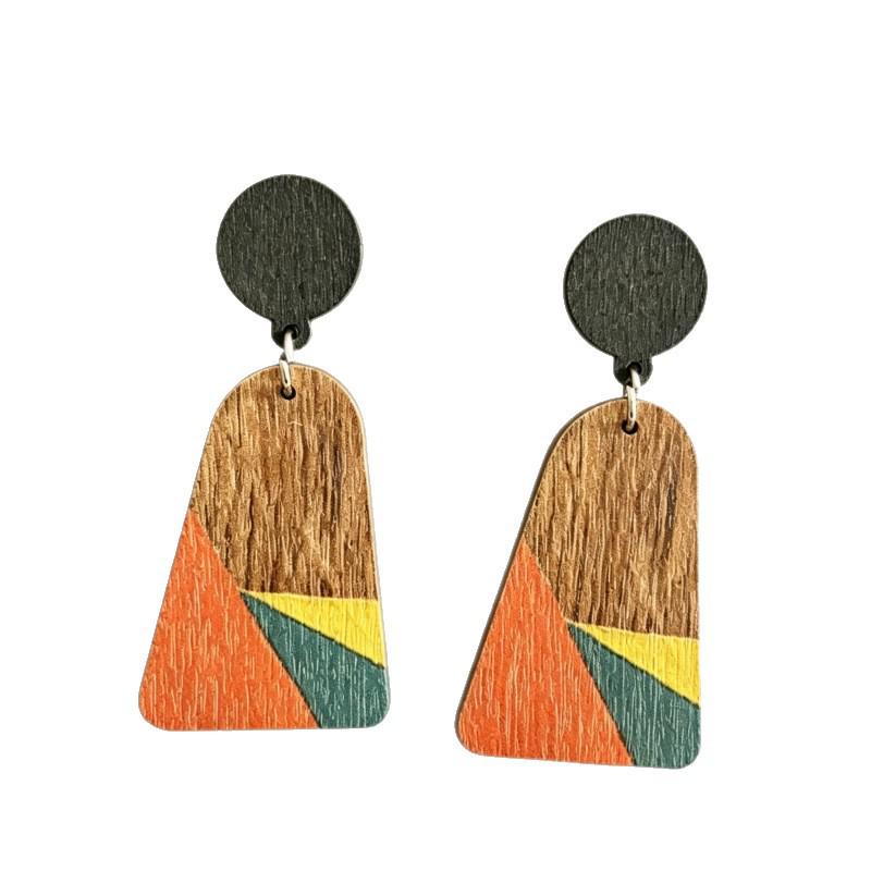 Bohemian Wooden Trapezoid Dangle Earrings with Ear Hooks for Women