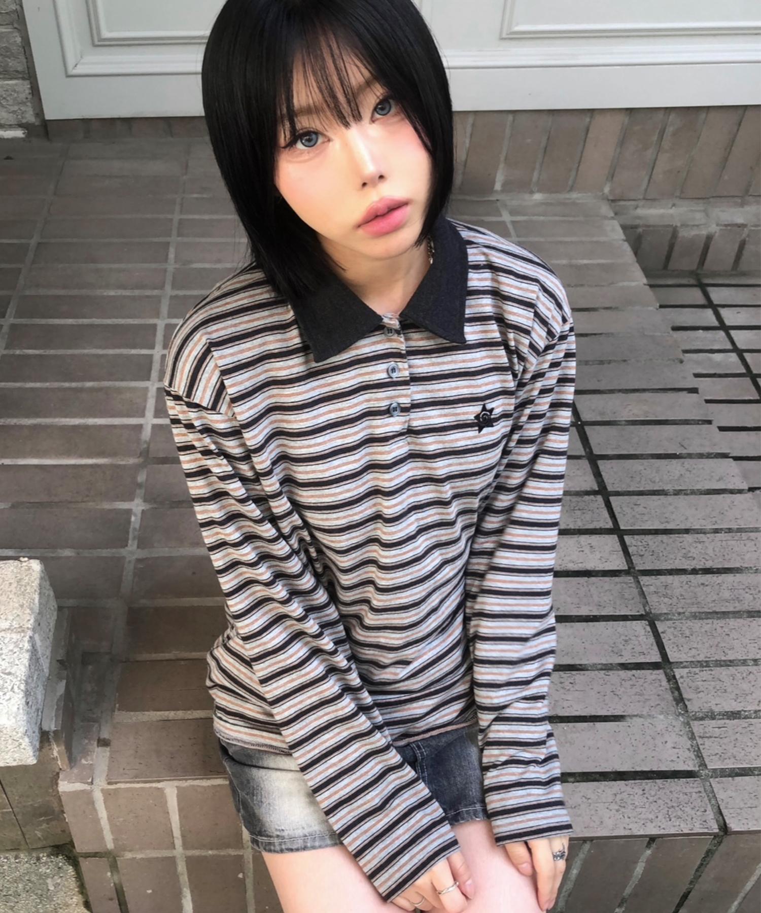 Striped Polo Collar Shirt Charcoal Gray Charcoal Gray/Free