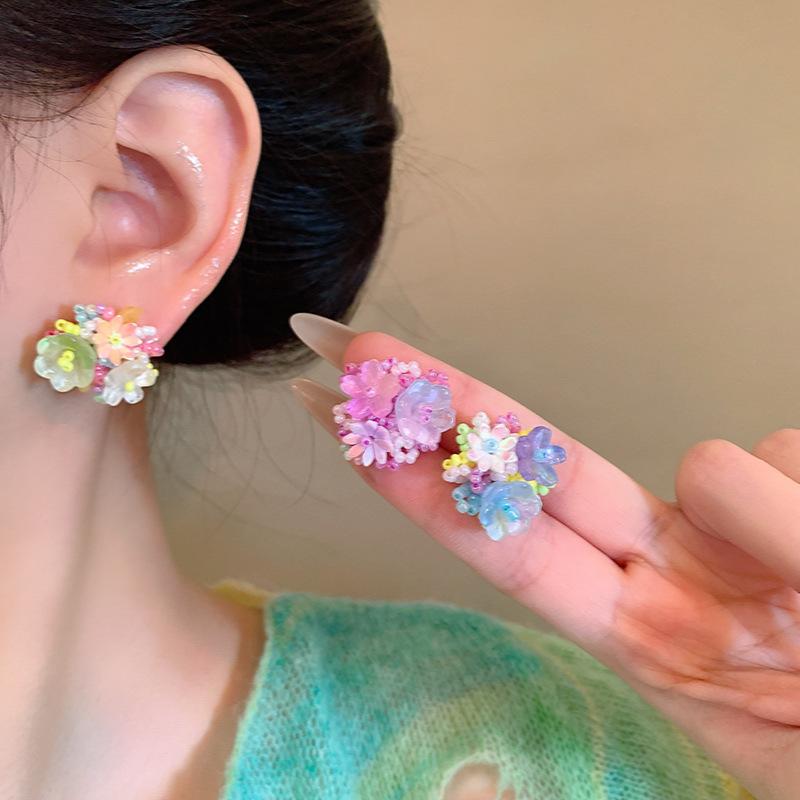 Romantic Handmade Beads Flower Earrings for Women Exquisite Elegent Rice Bead Floral Earring Dopamine Y2K Jewelry Gifts
