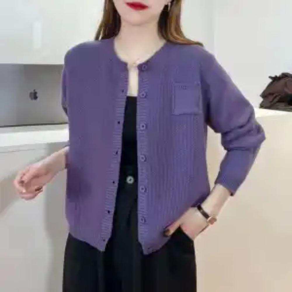 New Spring and Autumn Fashion Simple Round Neck Art Retro Knitted Cardigan Sweater Temperament Commuter Outwear Women's Top
