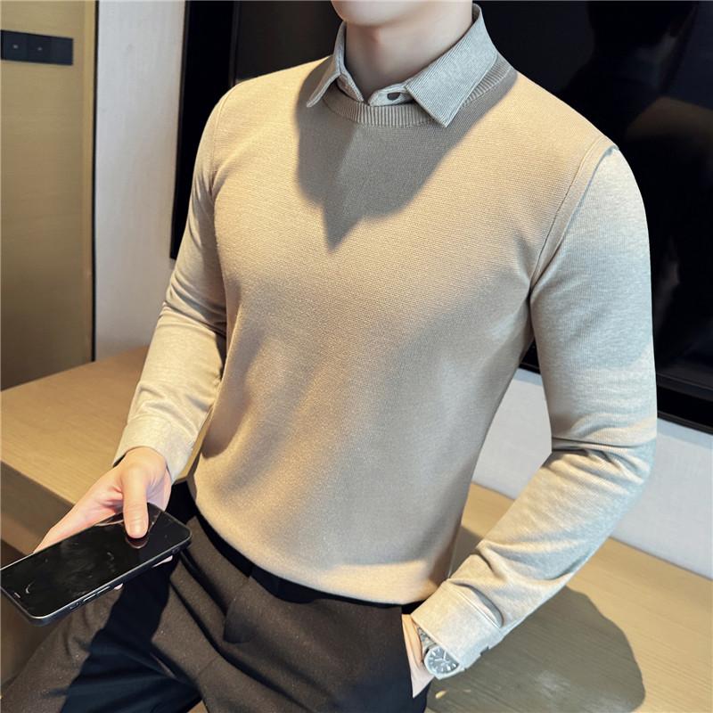 

Темний смугастий светр вельветової текстури вовняна сорочка з коміром з нашивками светри чоловічий одяг високої якості діловий кежуал товстий светр-обманка з двох частин L хакі