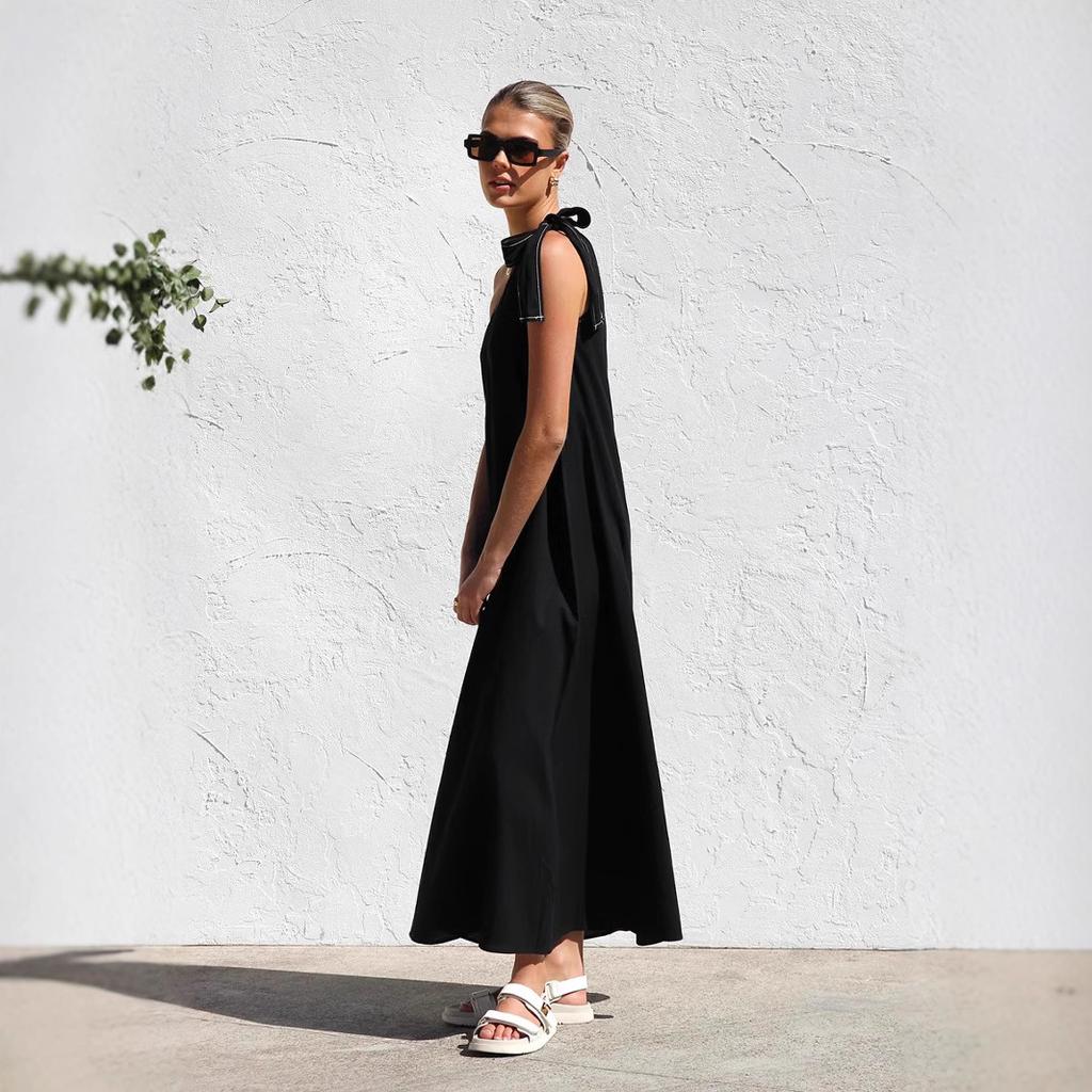 Damen Sommerkleider mit einer Schulter, ärmellos, einfarbig, fließend, mit Rüschen, Maxi-Sommerkleider, lässig, Boho, Strandparty, Hochzeitsgastkleider für Frauen