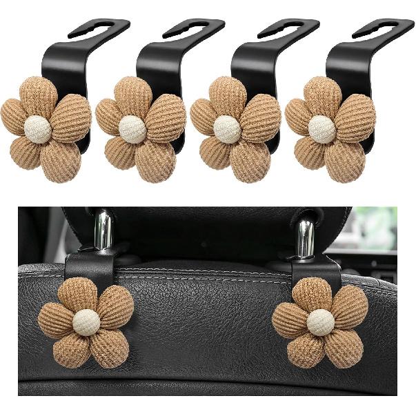 4 PCS Car Seat Headrest Hooks, Cute Flower Vehicle Backseat Hanger Storage Hook, Portable Auto Seat Back Holder Hanging Organizer for Purse Grocery