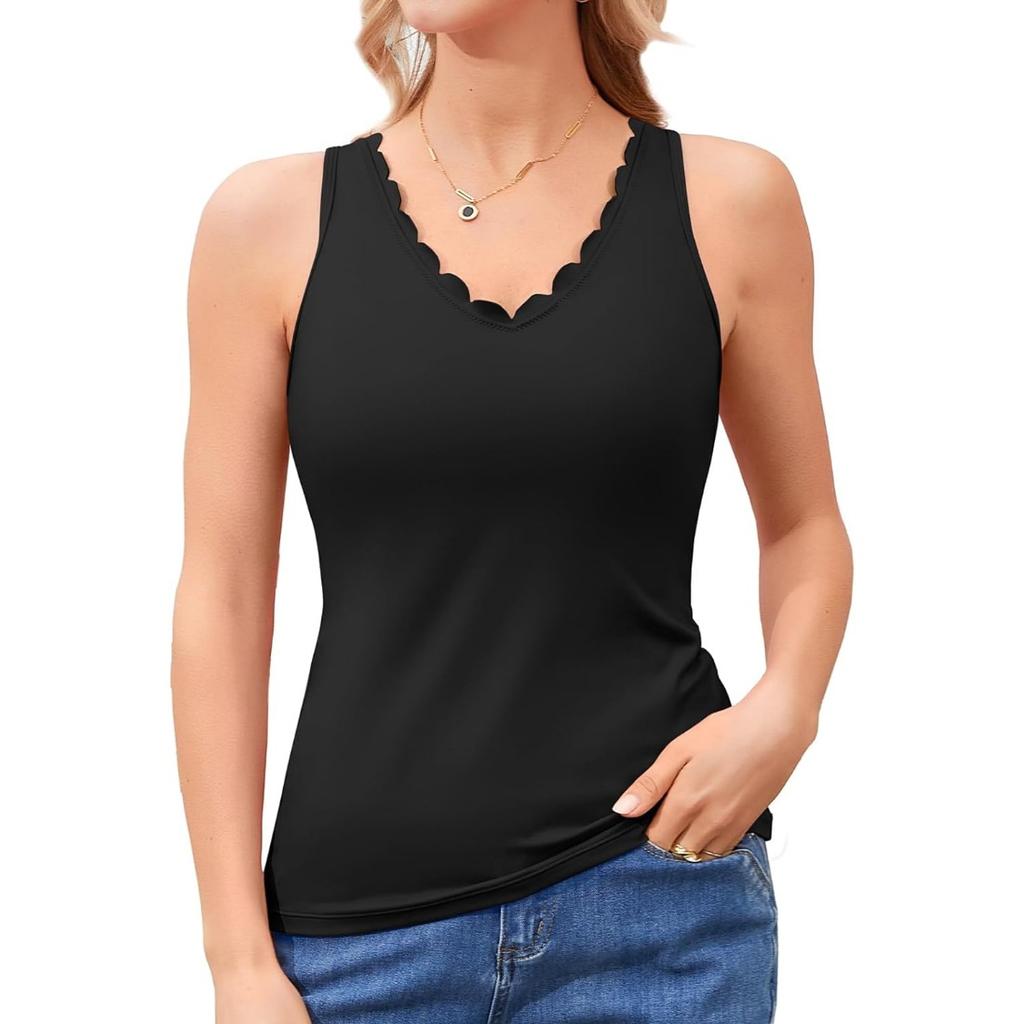 CHARMLEAKS Women's V Neck Tank Tops with Built In Bras Summer Scallop Trim Camisole Top Basic Undershirt