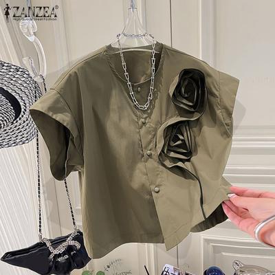 Damen Sommer Bluse mit Rundhalsausschnitt, kurzen Ärmeln, dreidimensionaler Blumendekoration, Knopfleiste, einfarbig, lockere Bluse