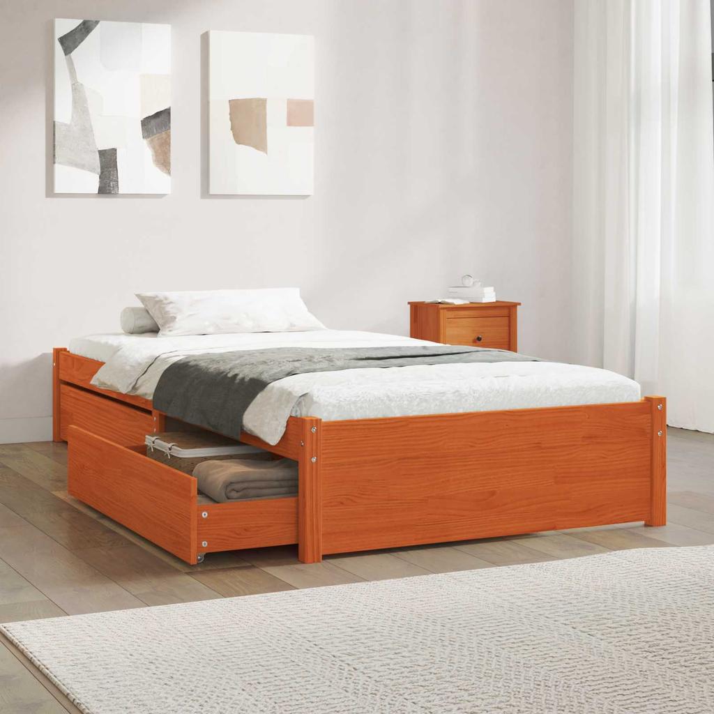 Bed Frame with Drawers 3 pcs Wax Brown Pine Wood