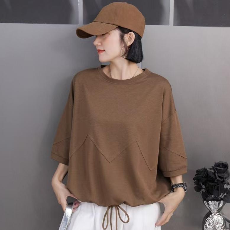 DIMANAF 2025 Plus Size Summer Solid Bat Stripe T-shirt Women Short Sleeve Loose Tops New Tees