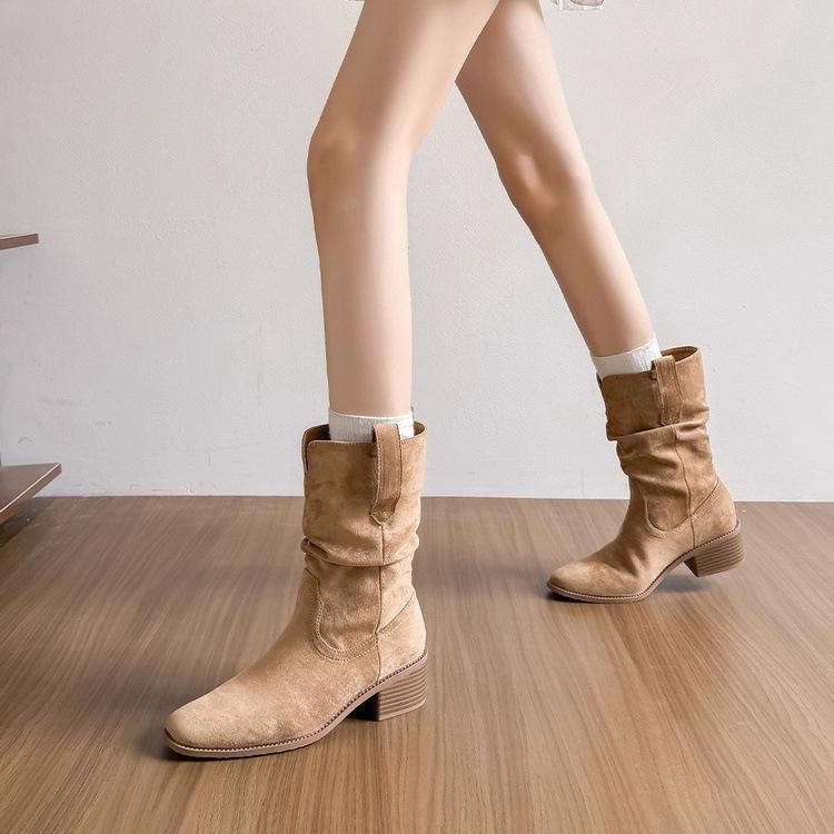 Leather version! Western pleated short boots women's pile boots retro British style small man inner height increase medium tube Martin boots