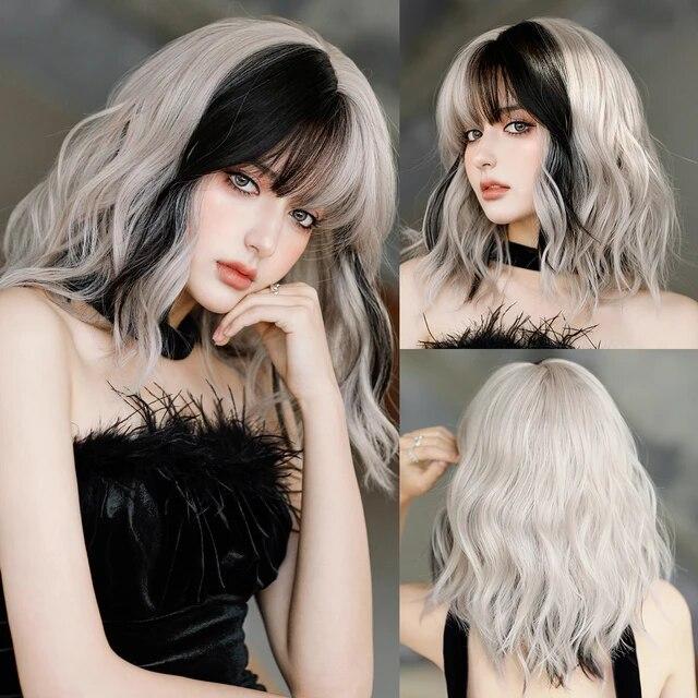 PERRUQUES Perruque rose longue ondulée pour femmes Fête quotidienne Perruques de cheveux synthétiques d'aspect naturel avec frange moelleuse 24 pouces