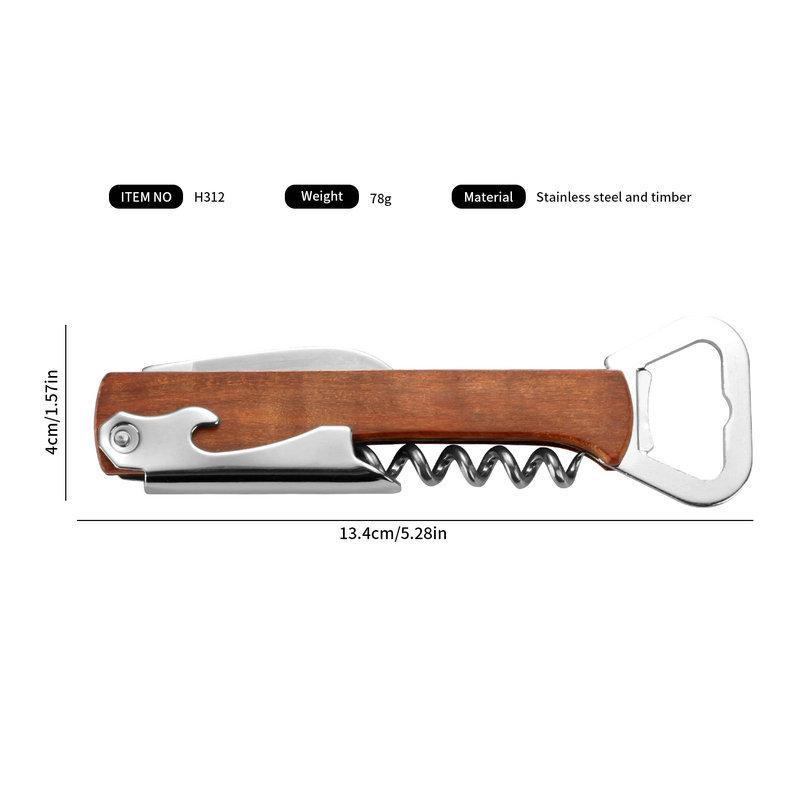 3-in-1 Portable Wine Opener with Wooden Handle: Waiter's Knife & Stainless Steel Beer Opener