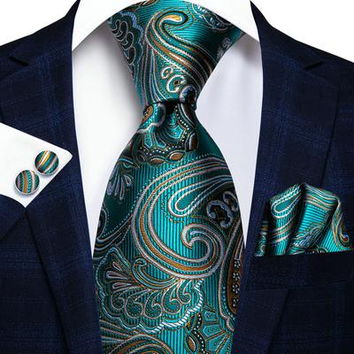 Mens Green Paisley Silk Tie Gift Box Necktie Hanky Cufflinks Tie Clip