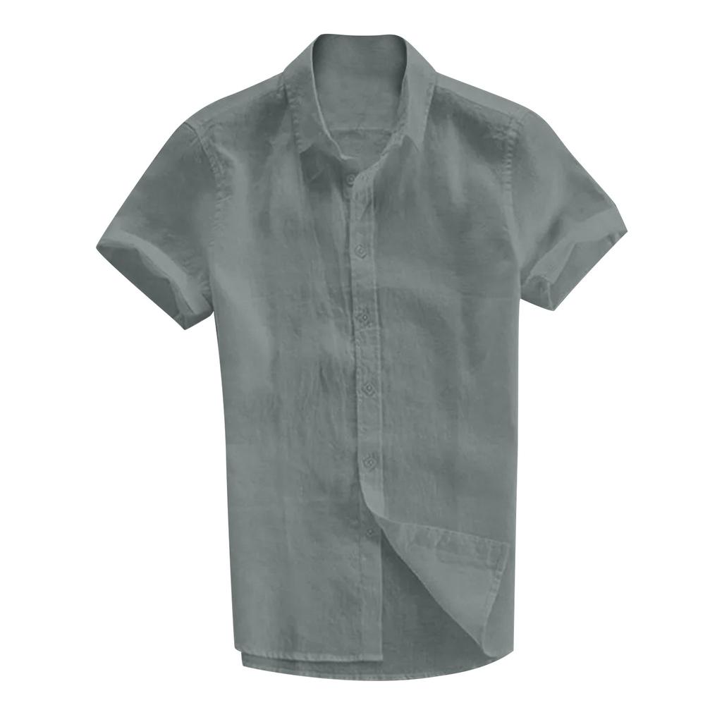 Summer Men's Lapel Button Short Sleeved Cotton Linen Shirt Casual Top
