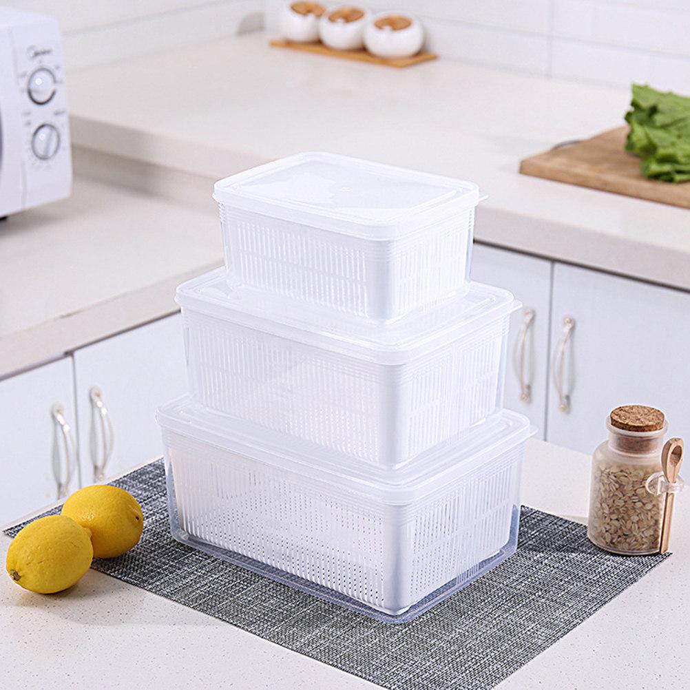 Kitchen Refrigerator Crisper Food Preservation Box 1.5L White Sealed Storage Container Transparent Drain Board Fruit Vegetable