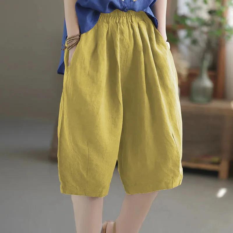 Cotton Short Pants Women's Summer Versatile Wide-legged Pants Comfortable Cotton Linen Pants Elastic Waist Chinese Pants