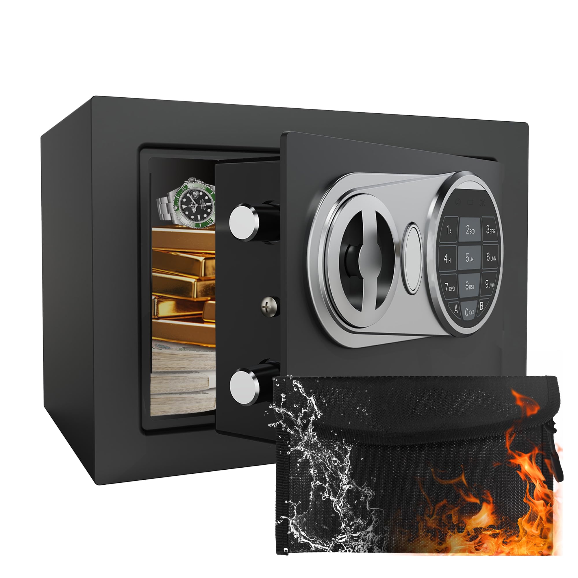 

VALINIRT Home Safe, Small 7L, with Built-in Fireproof Wallet Pouch, Double Locking System (Combination Lock and Spare Key), High-Brightness LED Light,