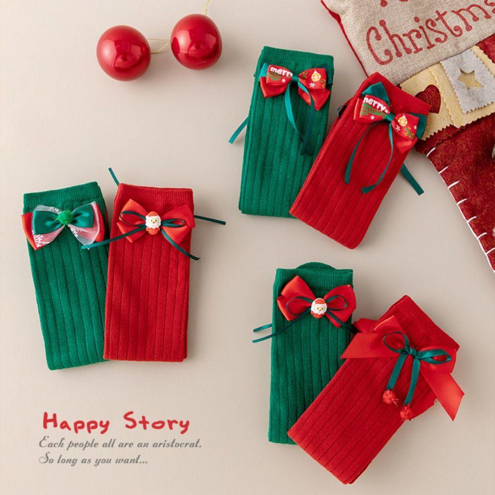 Green New Year Red Socks Cotton Children Long Socks Casual Bow Hosiery for Kids  Winter
