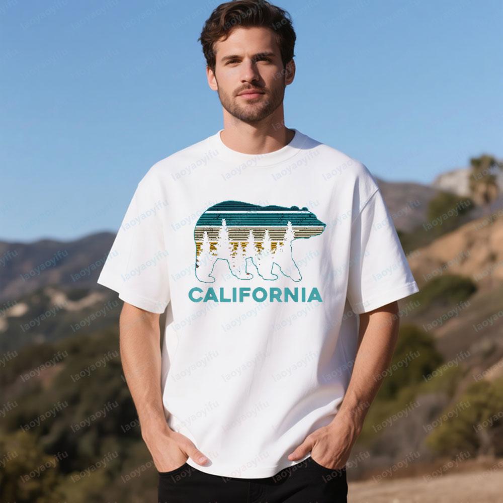 California Bear Vintage Retro Nature Hiking Souvenir Gift TShirt Natural Forest Tee Tops Men Daily Crewneck Cotton Short Sleeve