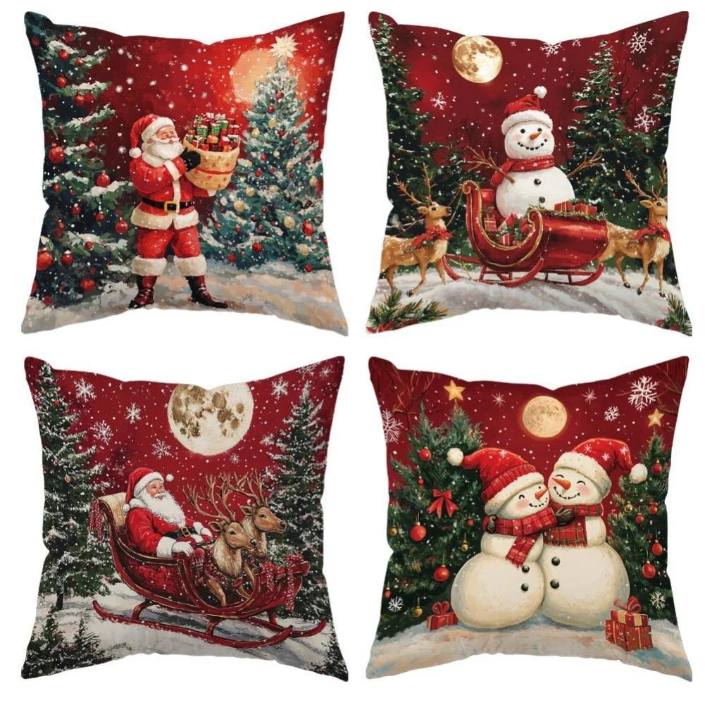 Christmas Pillow Covers 4 Pack Polyester 18x18 Inches with Santa Snowman Reindeer Prints for Sofa and Chair Decor