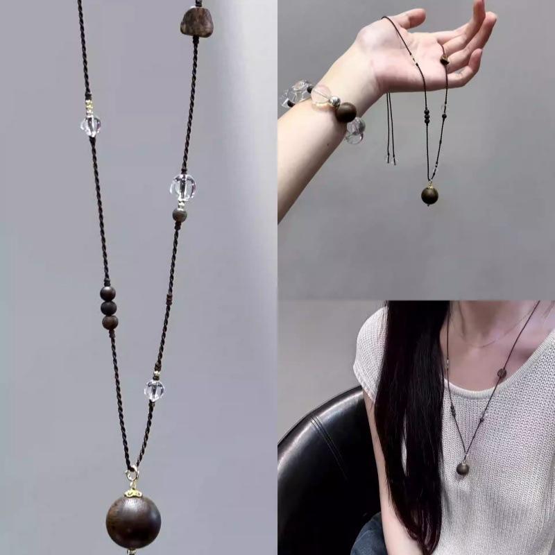 Original Natural Agarwood Large Bead Pendant with Braided Rope Sweater Chain, White Crystal Necklace, New Chinese Style Gift for Men and Women