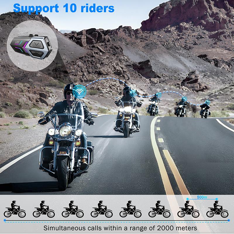 Motorcycle Helmet Headset 2000M Mesh Intercom 10 Riders Intercom Hands-Free Calling Bluetooth 5.3 Ip67 Waterproof 1200Mah