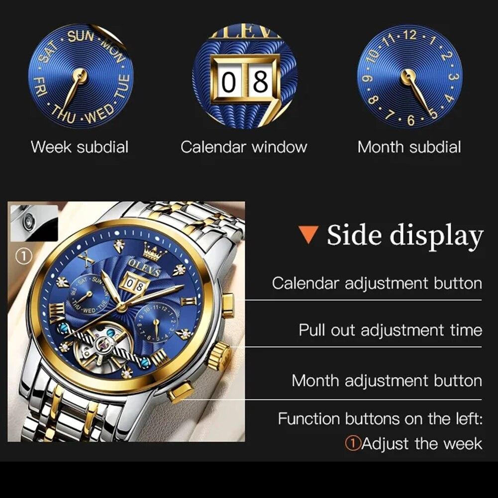 OLEVS 9910 Tourbillon Automatic Watch for Men Luxury Skeleton Men's Mechanical Wristwatch Stainless Steel Top Original Man Watch