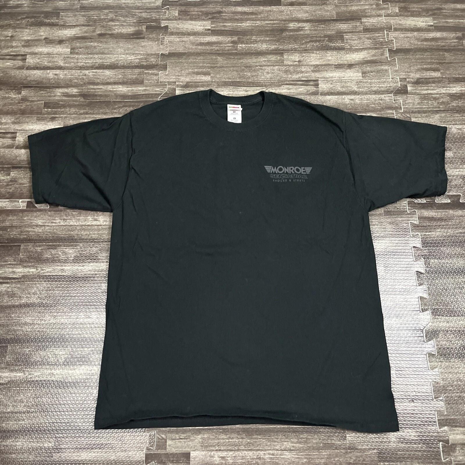 

Vintage 90s Y2K Monroe Sensa-Trac Shocks & Tired Black Tshirt XL Dbl Sided Cars 2XL