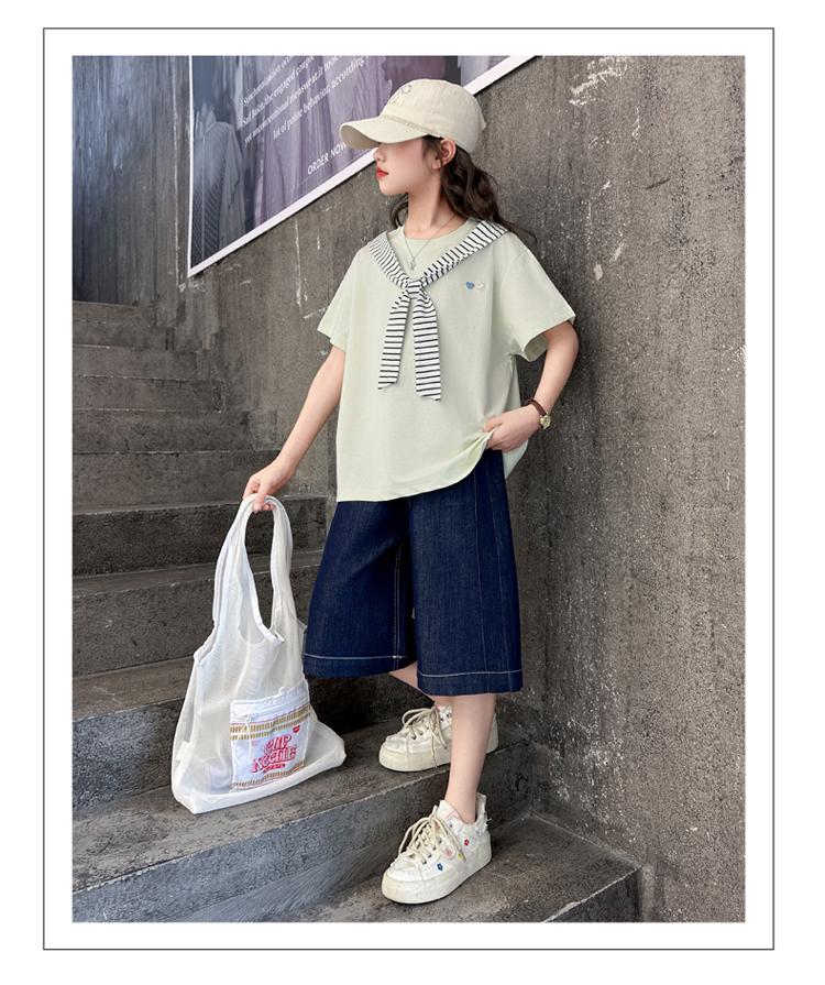 Girls' College Style Set 2026 Summer New Striped Tie T-shirt Clear Color Jeans Middle and Large Children's Two Piece Set