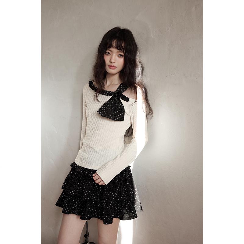 Yimeng Spring 2026 Korean-Style White Off-Shoulder Long Sleeve Top for Petite Women Medium