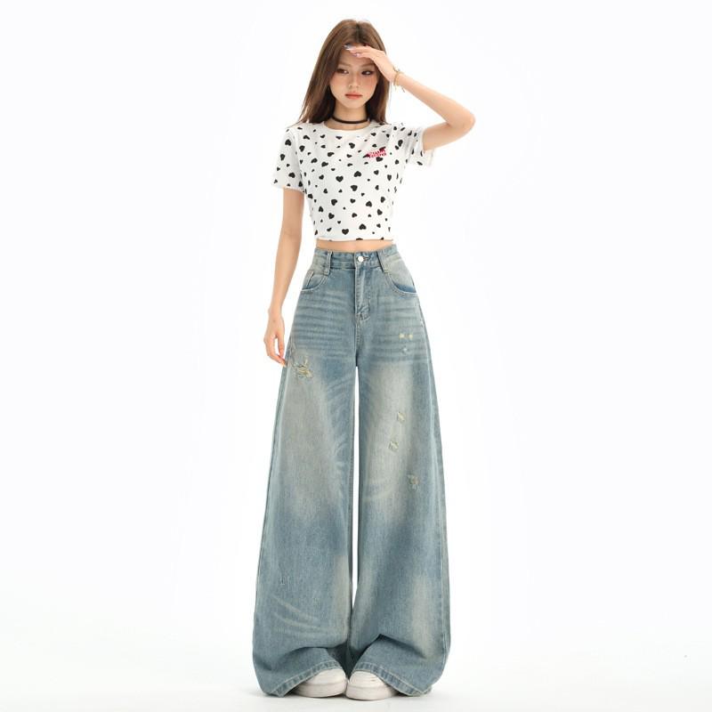 2025 Spring/Summer Retro Ripped Wide-Leg Slimming Jeans for Women Small