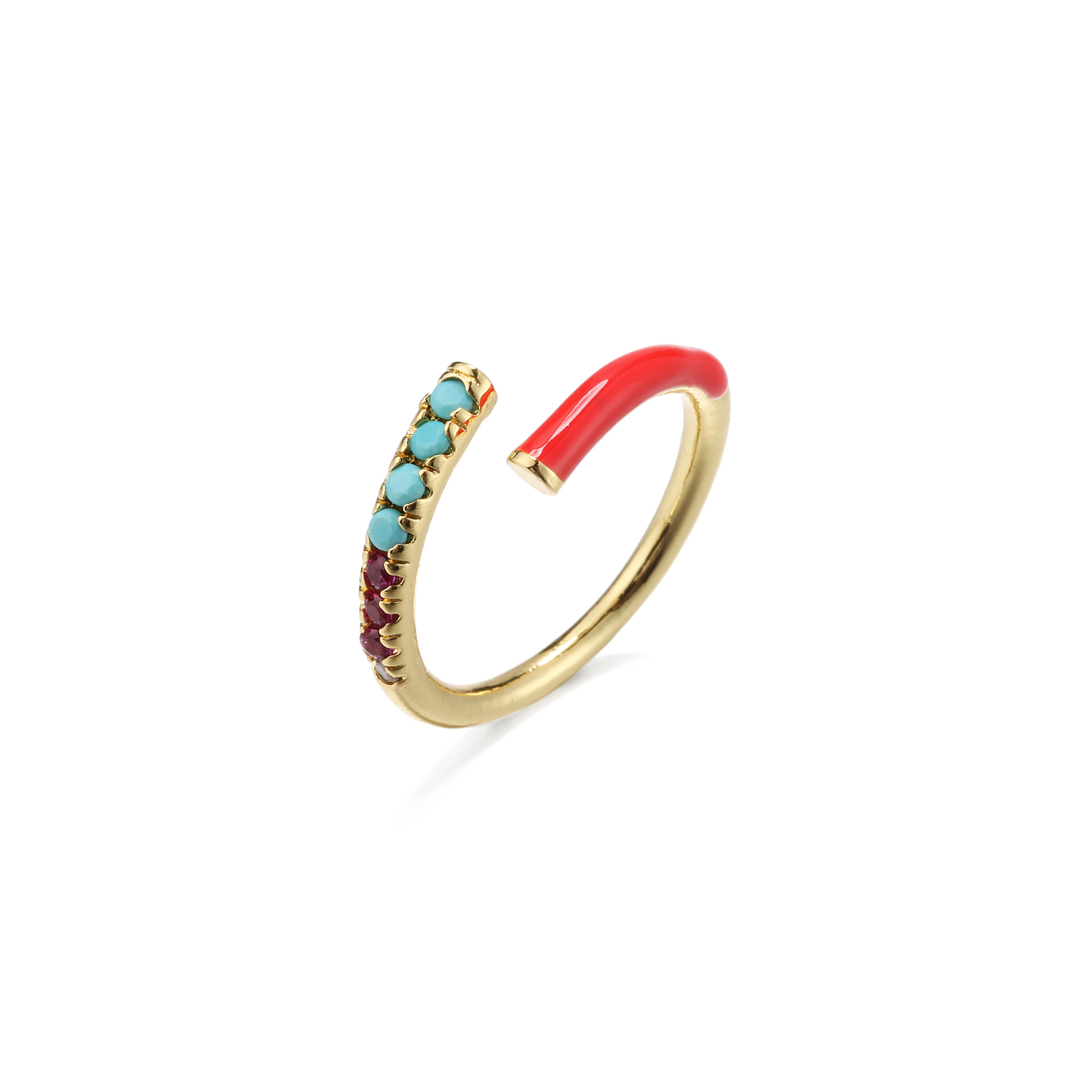 

18K Gold-Plated Brass Colourful Enamel CZ Open Ring, Neon Adjustable Stackable Cubic Zirconia Women’s Fashion Jewellery Gift resizable красный