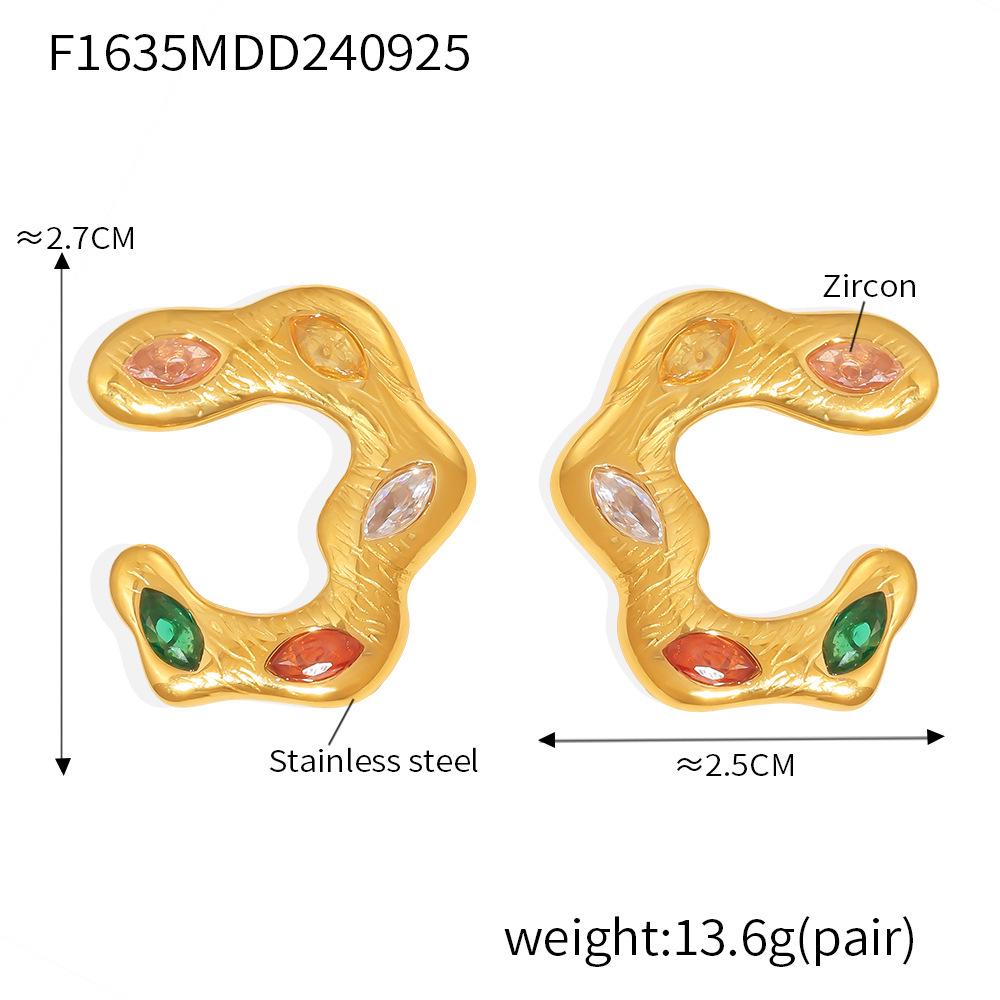 18K Gold-Plated Zirconia Irregular C-shaped Earrings, European  American Style, Stainless Steel Light Luxury Fashion Jewelry.