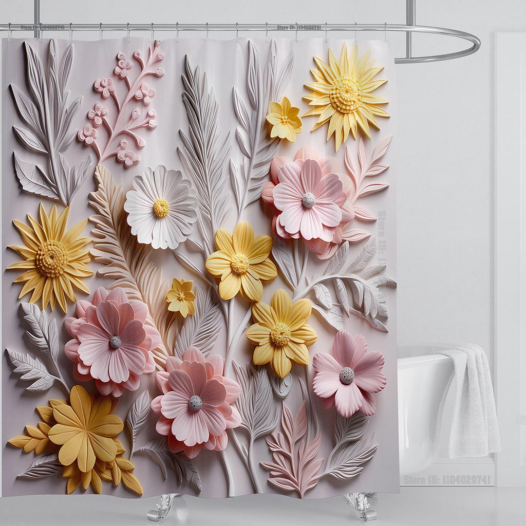 3D Floral Shower Curtain Set Orange Flower Design Fabric Bathroom Decor Waterproof Washable Shower Curtain Set with Hooks