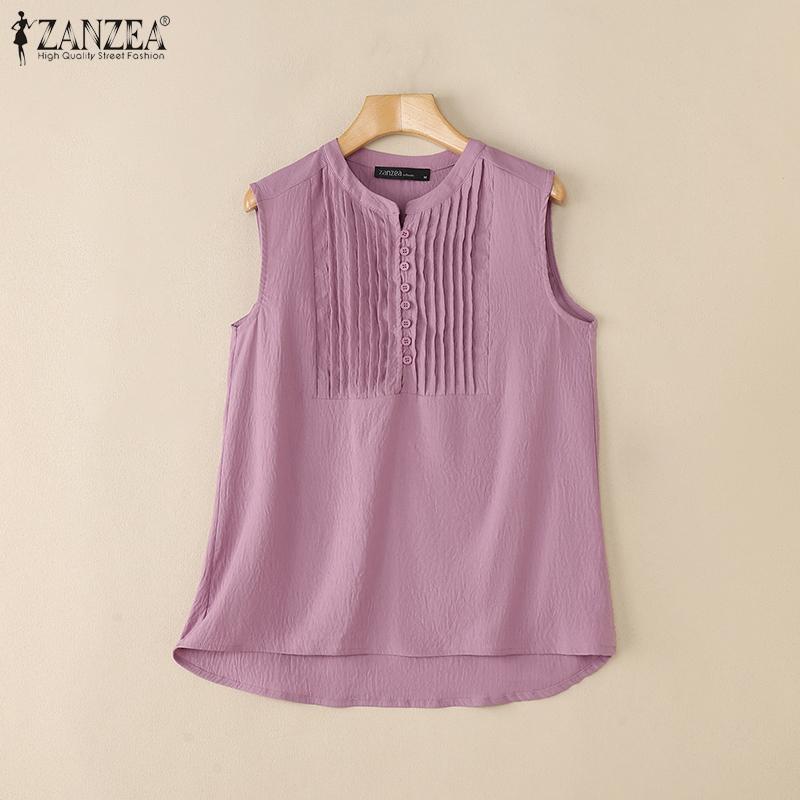 ZANZEA Women Summer Sleeveless Pleated Buttons Up Casual Tank Tops