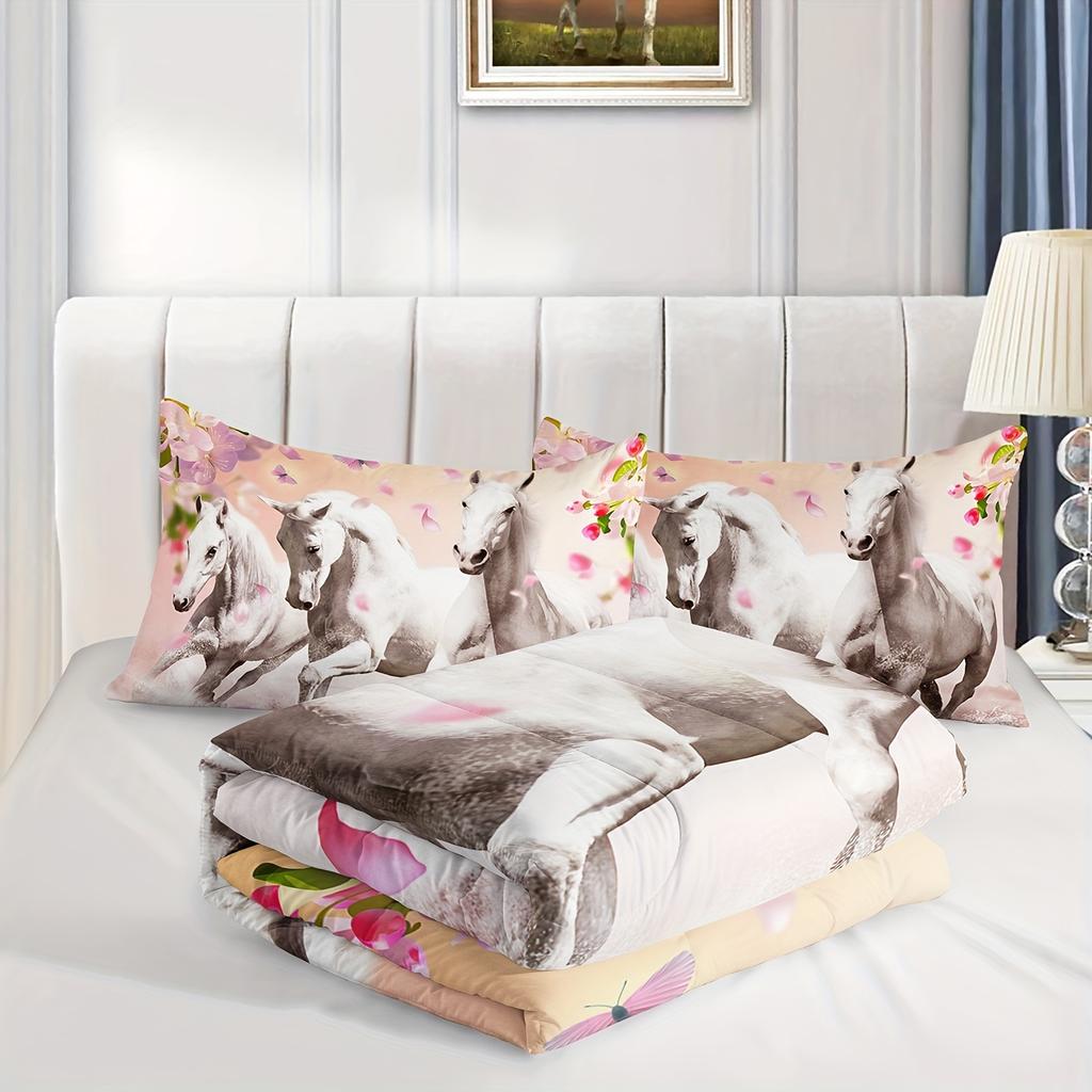 3Pcs Modern Fashion Bedding Set (1*Quilt Cover + 2*Pillowcase Without Core) Pink Floral Running Horse 3D Print Bedding Set