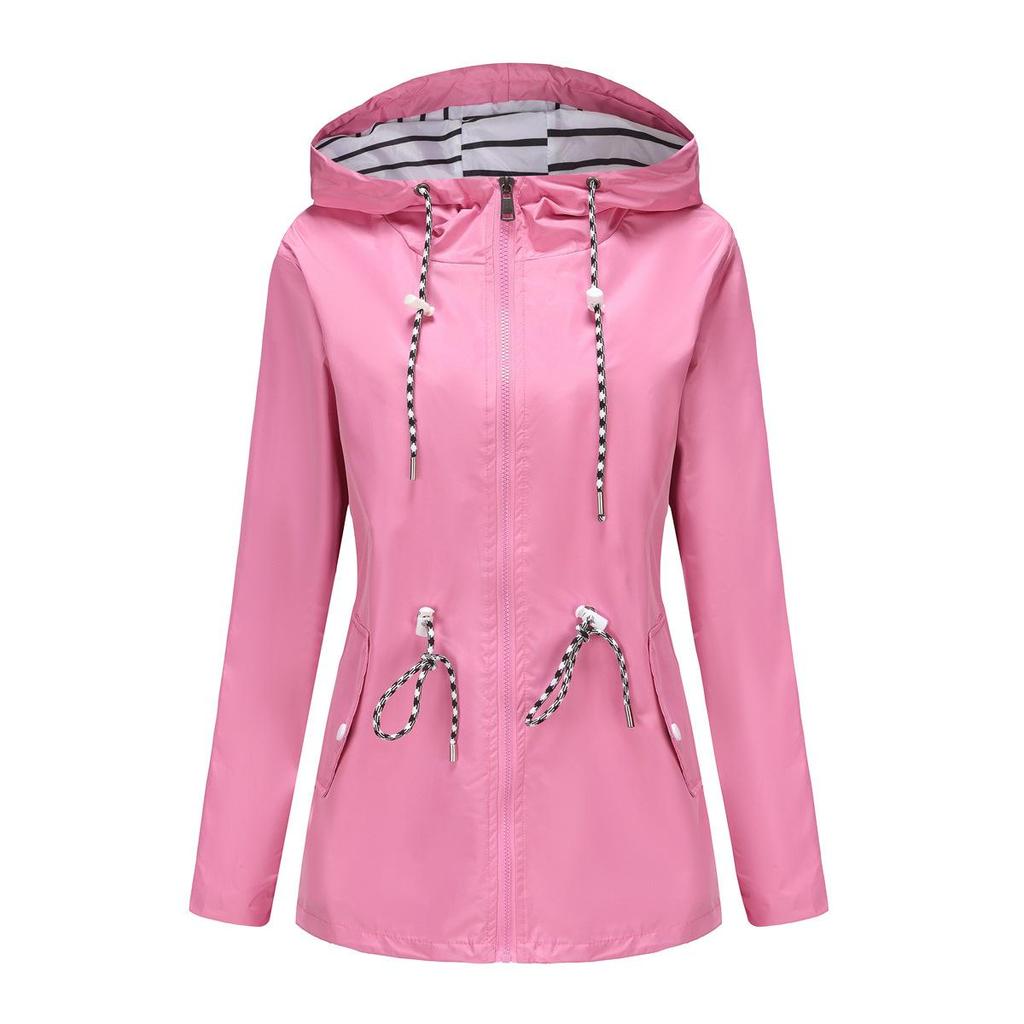 Long-sleeved Splash-proof Long Windbreaker for Women with Hood and Stripes Plus Size