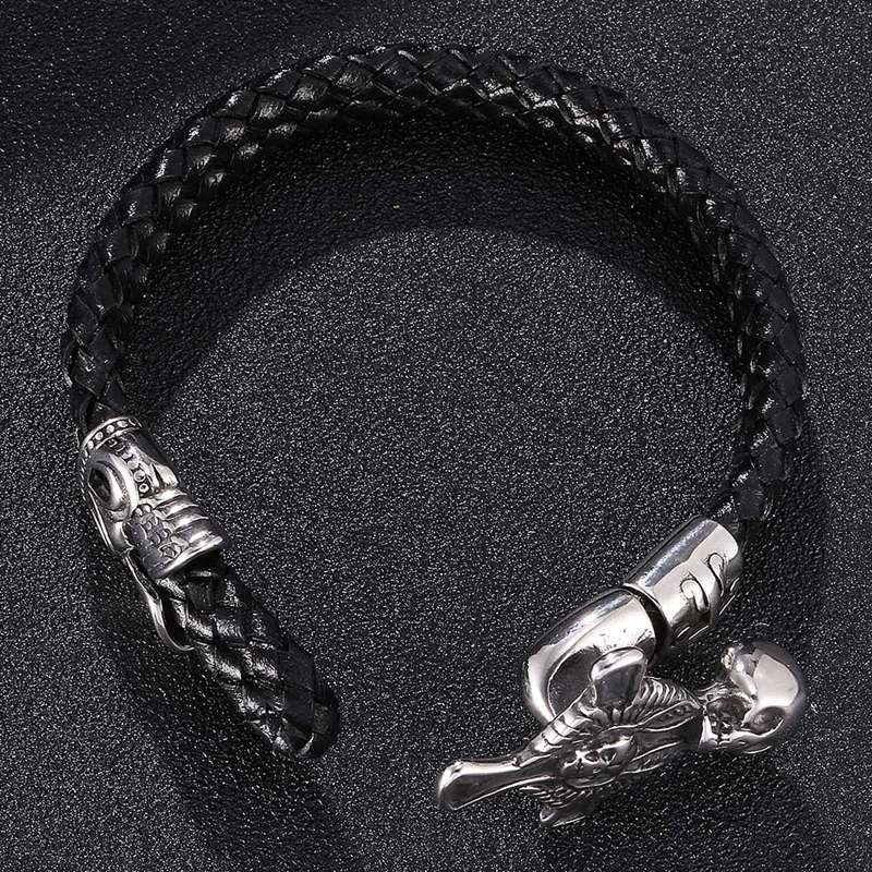 Punk Jewelry Stainless Steel Skull Cross Bracelet Men Double Braided Leather Bracelet Rock Male Wrist Band Gifts