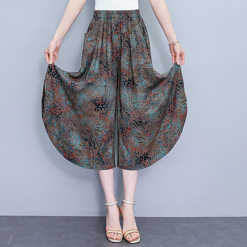 Women's Floral Cotton Silk Wide-Leg Skirt Pants - Summer Casual Elastic Waist, Plus Size, Lightweight Seven-Point Length.