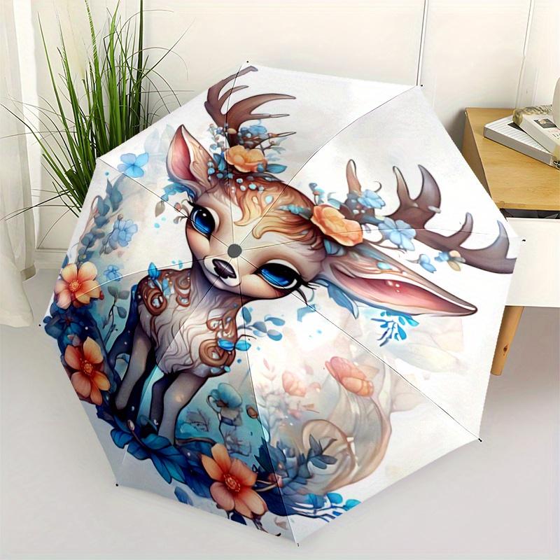

1pc Pretty Reindeer Art Automatic 3-Fold Umbrella Design, Cute Cartoon Pattern, Portable Outdoor Umbrella, Perfect, Holiday Gift for Disney