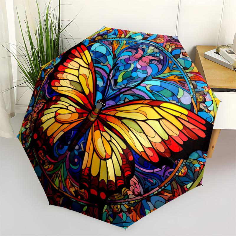 1pc Butterfly StainedGlass Automatic Open/close Umbrella, 8-Rib sturdy structure, Auto Folding/Opening, Portable Travel Umbrella for Women, Parties022