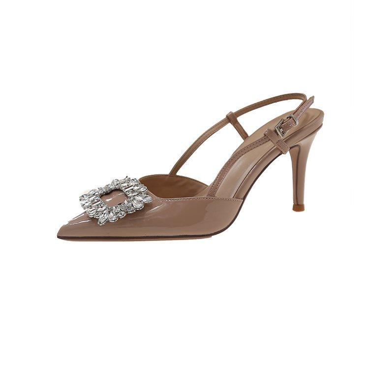 2025 new rhinestone pointed high-heeled sandals women's thin-heeled rhinestones with fairy wind bag head rear empty sandals