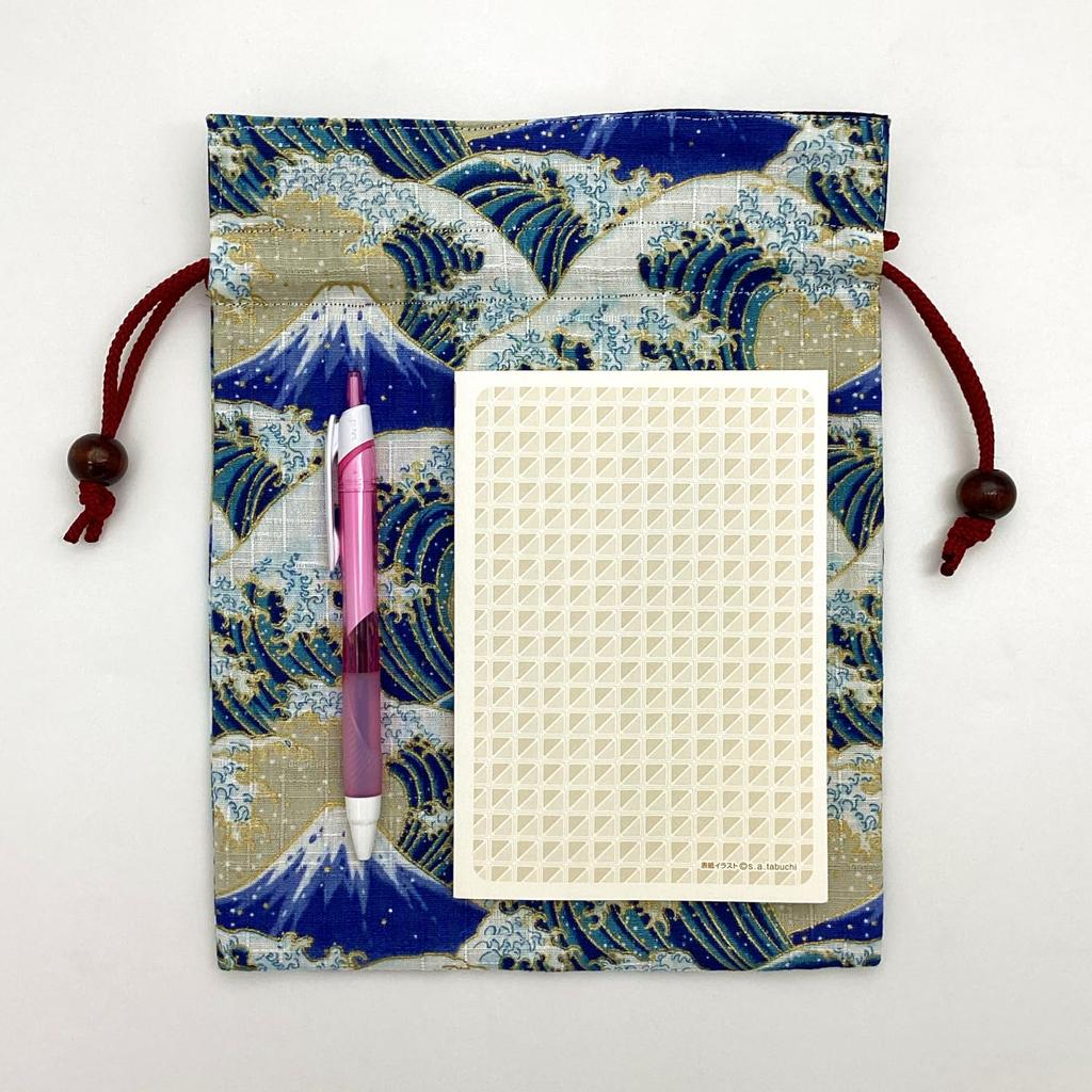 Kyosuke drawstring Fujiyama approximately x 19 with wooden medium drawstring gold wave Fuji Japanese Japanese-made bag/pouch, design, 24.5 cm, cotton,