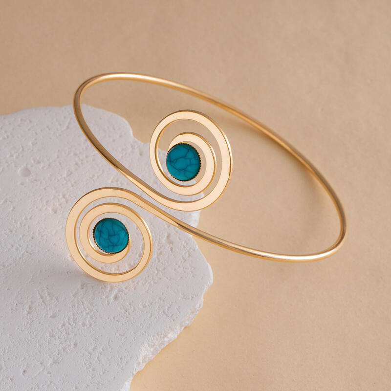 Vintage Hollowed-Out Moon-Shaped Arm Bracelets for Women Ladies Ethnic Style Blue Stone Metal Cuff Bangles Fashion Jewelry Gifts
